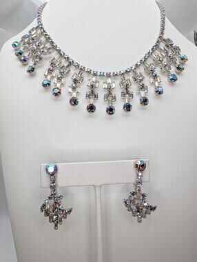 Fabulously Bright Plated Oil Slick and Clear Fringe Necklace & Matching Earrings